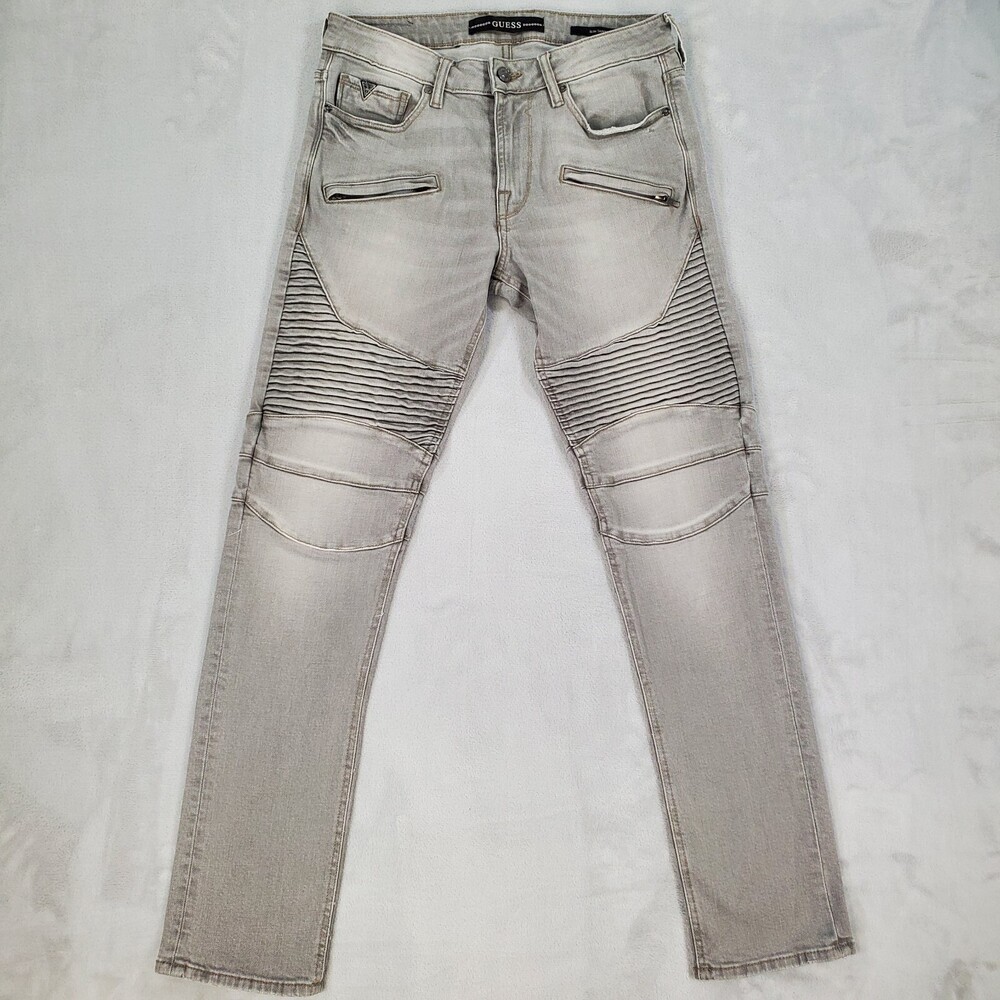 GUESS Moto Jeans Mens 31x31 Slim Tapered Gray Stretch Denim Zip Pockets Whiskers